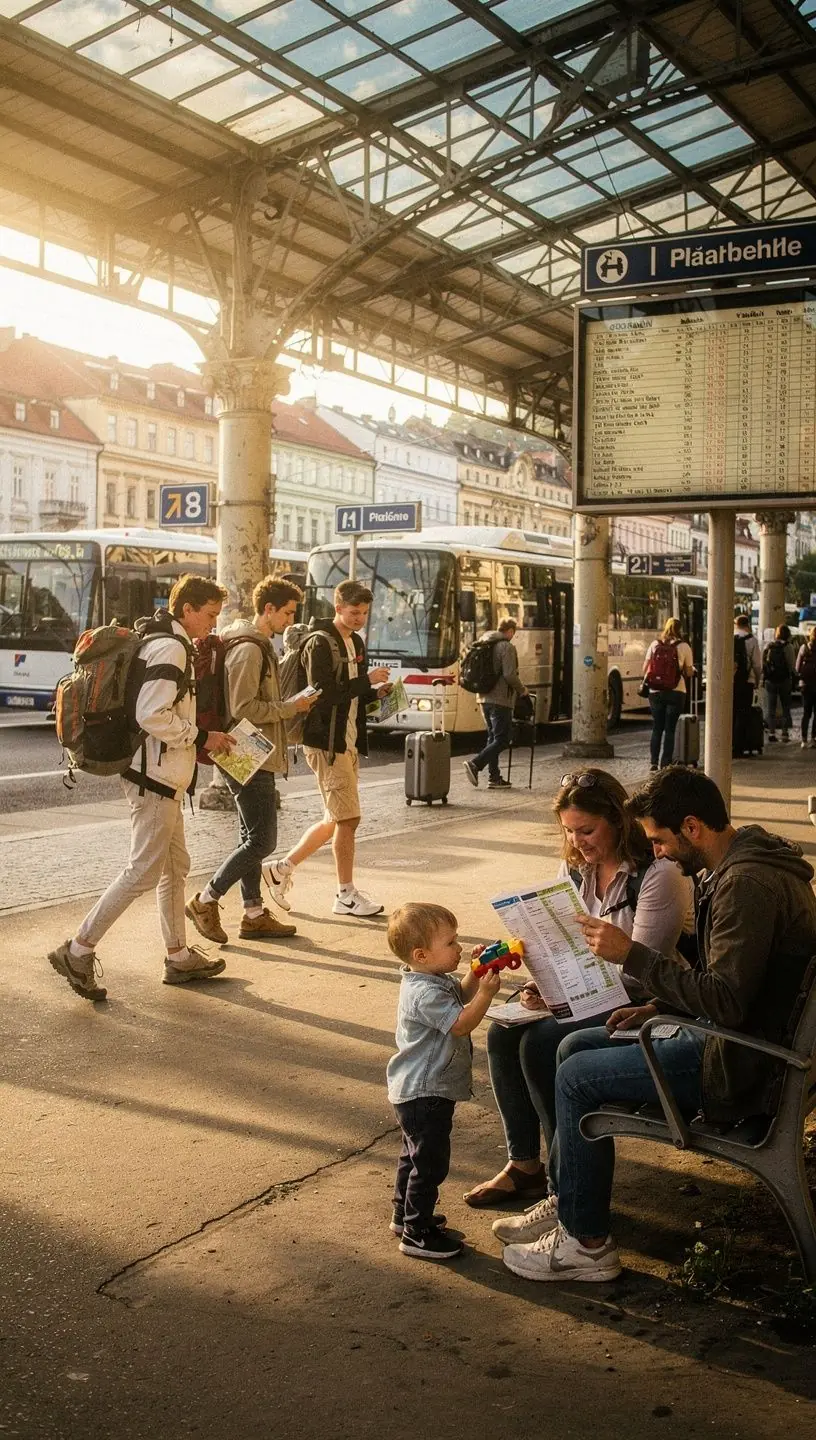 Rodina se prochází po malebných uličkách Brna během slunečného odpoledne.