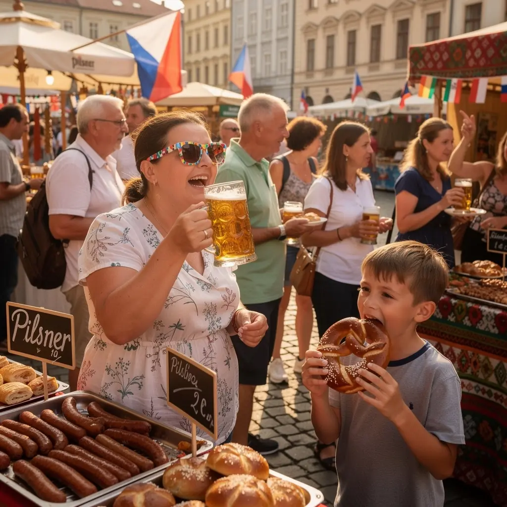 Skupina přátel si užívá místní speciality na náměstí v Plzni.