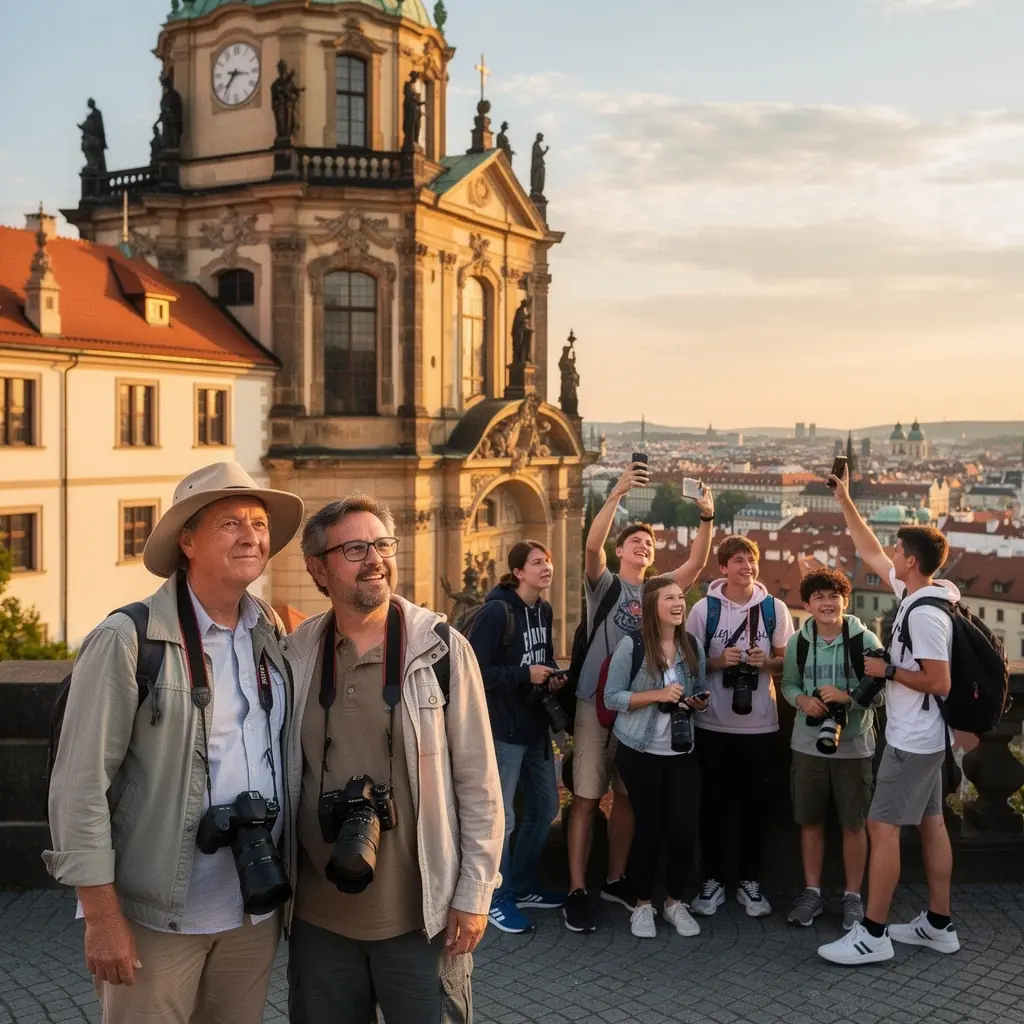 Malebný pohled na historické centrum Prahy s václavským náměstím.